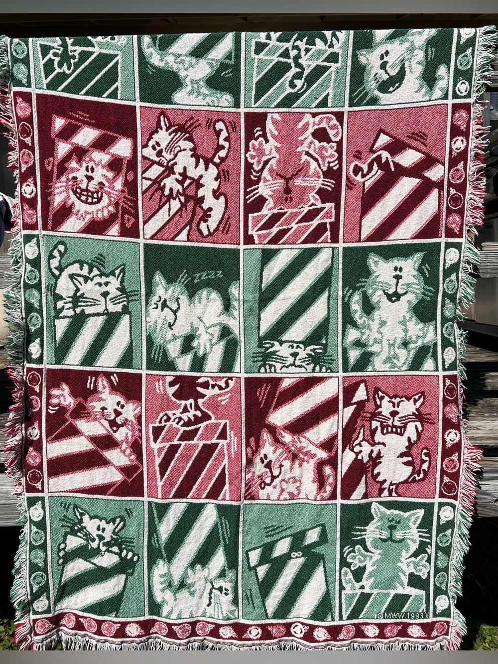 Vintage 1993 Christmas Cats Tapestry Throw Blanket Red Green Fringe